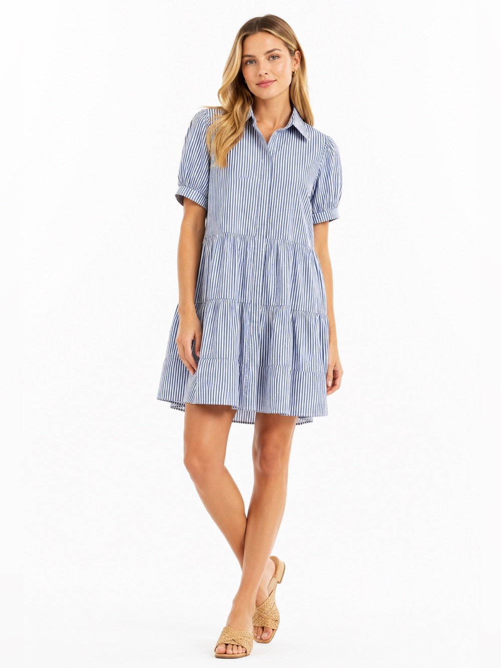 Willa Story Blue White Striped Tiered Cotton Shirt Dress Size Sm